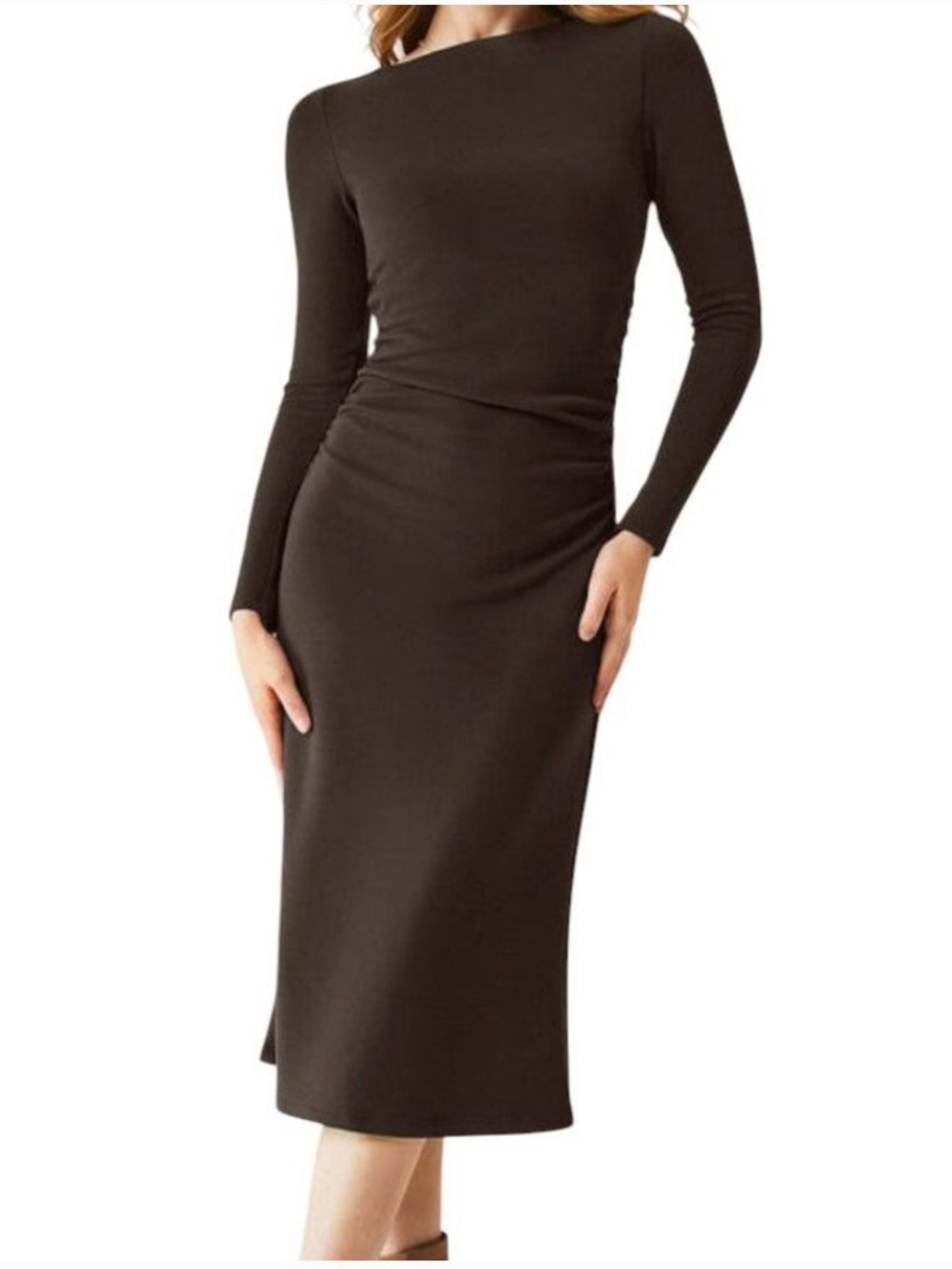 OGL Long Sleeve Midi Dress in Dark Brown